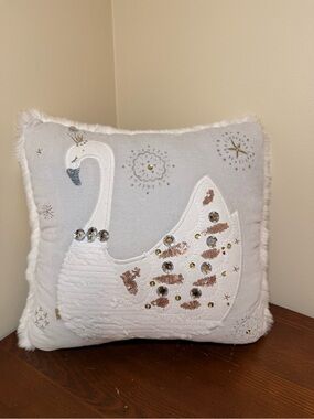 Pottery Barn Kids White and Gray Swan Holiday Pillow